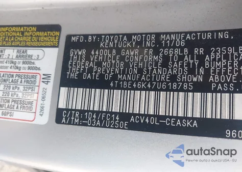 2007 Toyota Camry Se из США, поврежденный, VIN 4T1BE46K47U618785